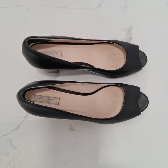 Cole Haan Women Open Toe Pumps Leather 2.5 Inch Brown Block Heel Black Size-8.5B - Picture 2 of 9